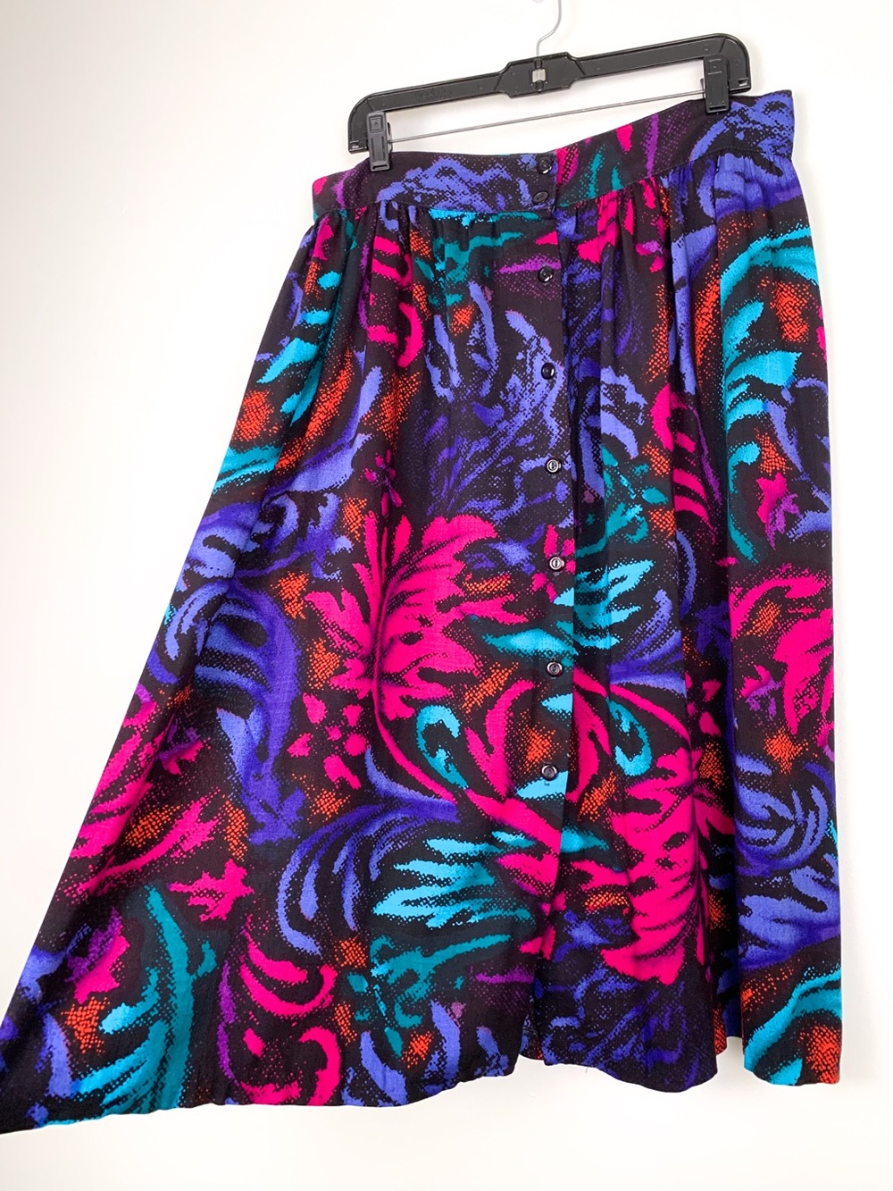 80s abstract tropical skirt black pink purple teal button front fits like sz 12